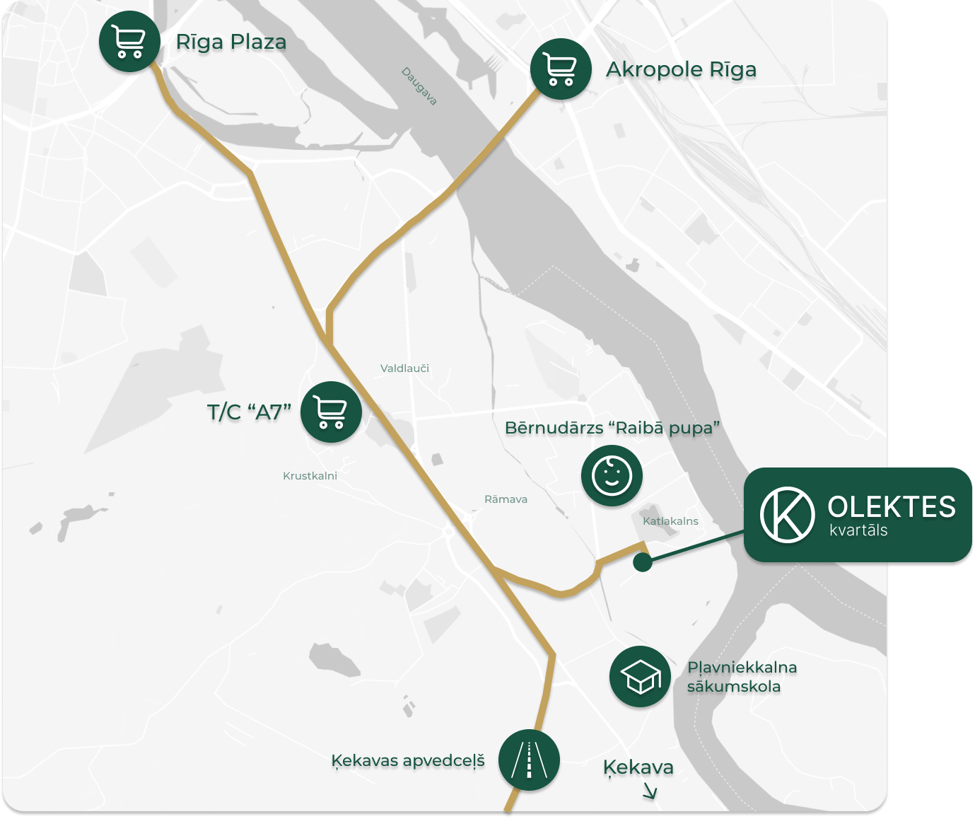 Olektes kvartāla atrašanās vietas karte ar tuvākajām skolām, veikaliem un pakalpojumiem